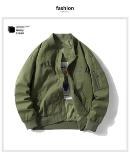 Detail of army green bomber jacket with letter embroidery and cute bear inner print