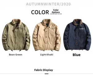 Detailed comparison of winter fleece military deck jackets in green, khaki and navy blue