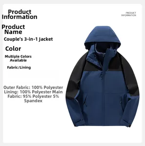 Detail view of the waterproof three-in-one outdoor jacket fabric in blue and black patchwork