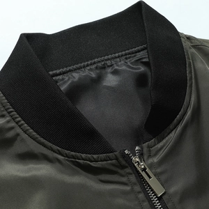 Men's army green varsity bomber jacket with black ribbed collar and metallic zipper detail