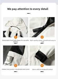 Detail view of hiking jacket with removable hood, breathable mesh lining and windproof cuffs