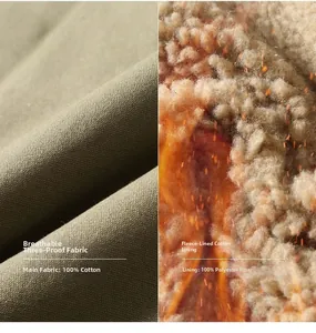 Detail view of military green fabric and thick brown fleece lining for warmth