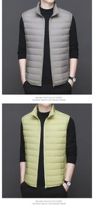 Close-up of lightweight quilted vest with stand collar in dark grey and green colors