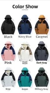 Detailed color chart showcasing nine styles of waterproof hooded outdoor jackets for men and women