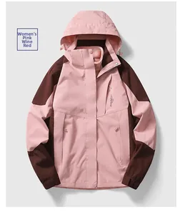 Detail of pink and wine red outdoor jacket with adjustable hood and embroidered sport logo