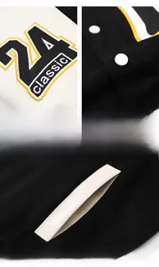 Detailed views of varsity jacket featuring leather piping pockets and embroidered numbers