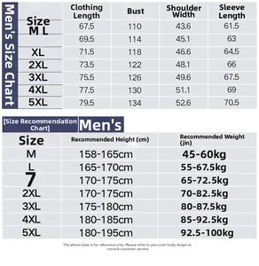 Detailed size chart for lightweight outdoor jackets with measurements from M to 5XL
