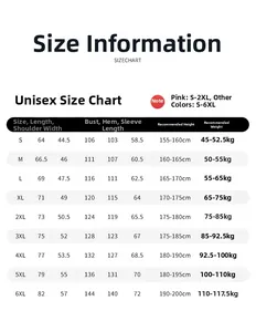 Size chart for outdoor waterproof jackets showing detailed measurements from S to 6XL