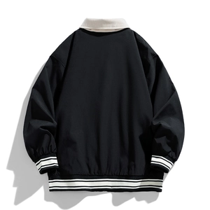 Giacca casual unisex nera oversize con lettere ricamate e colletto a righe