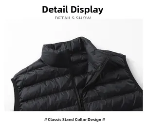 Detail of classic stand collar and zipper on black quilted down puffer vest