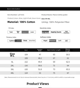 Detailed size chart for men's winter cotton jacket showing measurements from M to 4XL