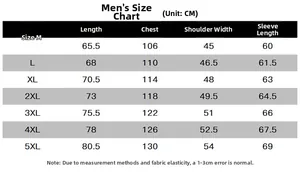 Detailed size chart for men outdoor jacket showing length, chest, shoulder, and sleeve measurements