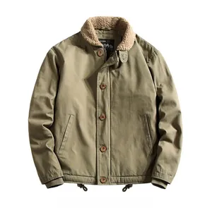 Detailed view of the lamb wool collar and ARMY print on a retro military deck jacket
