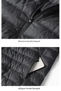 Detail view of the smooth zipper and side zip pocket on this lightweight puffer jacket