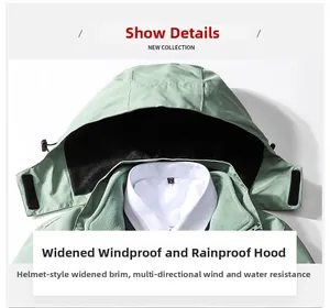 Detail of sage green hooded jacket with wide windproof brim and high-quality waterproof fabric