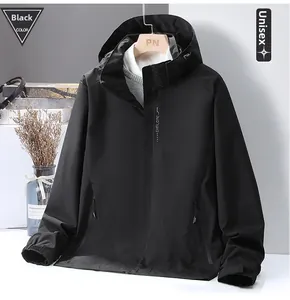 Close-up detail of black hooded jacket with Explore chest print for men and women