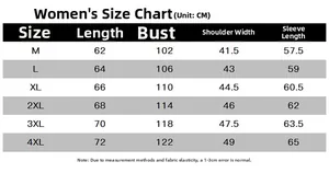 Detailed size chart for women outdoor jacket with CM measurements from M to 4XL