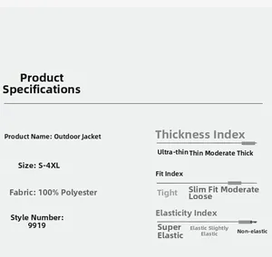 Outdoor jacket size chart and material details for S to 4XL 100% polyester apparel