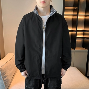 Men's stylish black casual zip-up jacket with printed lining and modern drop-shoulder fit