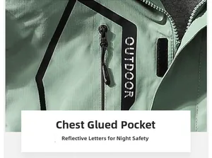 Close-up of waterproof taped zipper pocket and reflective OUTDOOR print on jacket