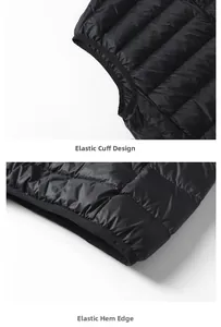 Detailed views of elastic armhole and hem stitching on black quilted down vest