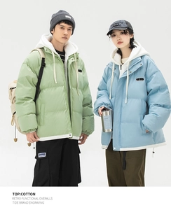 Retro functional padded jackets for couples featuring hooded layers and cotton fabric