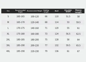 Detailed size chart for outdoor windbreaker jacket including height and weight guide
