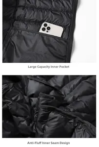 Detail of jacket inner lining with large security pocket and anti-down stitching