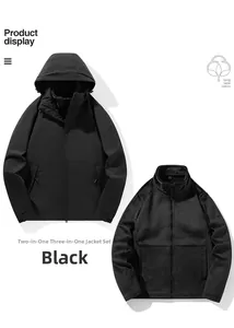 Detail view of black 3-in-1 waterproof jacket with detachable fleece liner layer