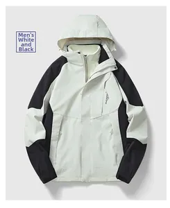 Detail of waterproof outdoor jacket featuring windproof collar and chest zipper pocket