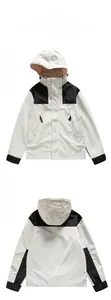 Detailed front and back views of an ivory and black outdoor hooded windbreaker jacket