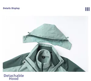 Detail view of the detachable hood and fleece lining on the outdoor waterproof jacket