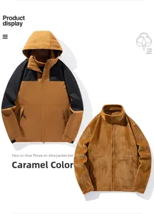 Detail of a 3-in-1 outdoor jacket set with caramel color block and soft fleece liner