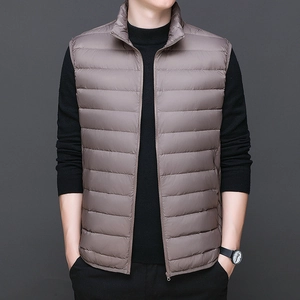 Men's lightweight quilted down vest with stand collar in khaki, casual autumn fashion