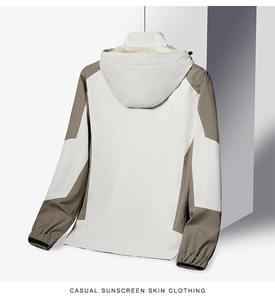 Back view of a hooded waterproof windbreaker jacket with stylish color block design