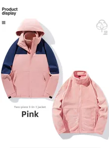 Detail view of 3-in-1 color block outdoor jacket with pink shell and fleece liner