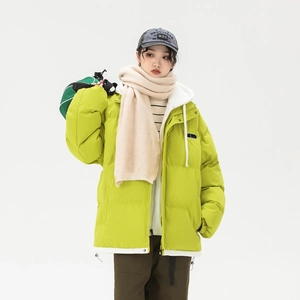 Women's bright lime green hooded puffer jacket with warm quilted design and white lining
