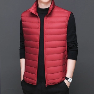 Men's lightweight stand collar down vest in deep red with horizontal quilting detail