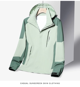 Close-up of color-block waterproof jacket detail with Outdoor print and hooded design