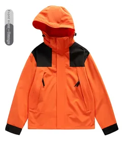 Detailed front view of waterproof orange and black hiking jacket with windproof hood