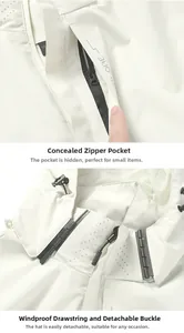 Detail of outdoor jacket with hidden zipper pocket and adjustable windproof drawstring