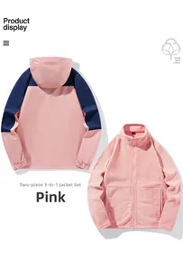 Detailed view of pink 3-in-1 waterproof jacket with long staple cotton fleece lining