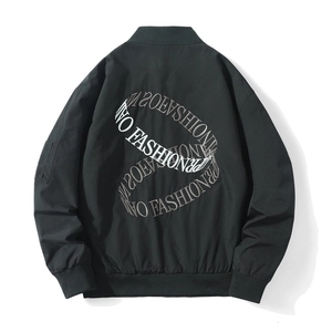 Men's black American style embroidered bomber jacket with back letter print and ribbed cuffs