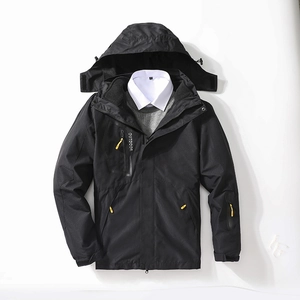 Men's 3-in-1 waterproof outdoor jacket in black with yellow zippers and hooded design