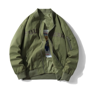 Army green oversized bomber jacket with gothic embroidery and printed cartoon lining