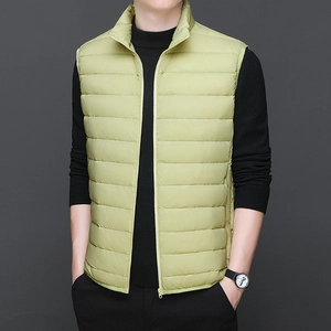 Men's lightweight light green down puffer vest with stand collar and quilted design