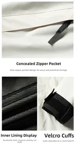 Outdoor jacket detail with hidden zipper pocket, mesh lining and adjustable velcro cuffs
