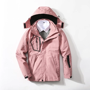Pink 3-in-1 outdoor hooded jacket with fleece lining and waterproof functional fabric