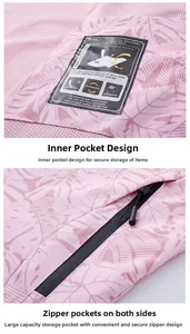 Détails de veste imperméable avec imprimé tropical rose, doublure mesh et poche zippée
