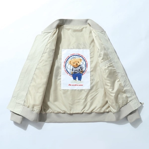 Men's American style oversized baseball jacket with embroidered teddy bear inner lining